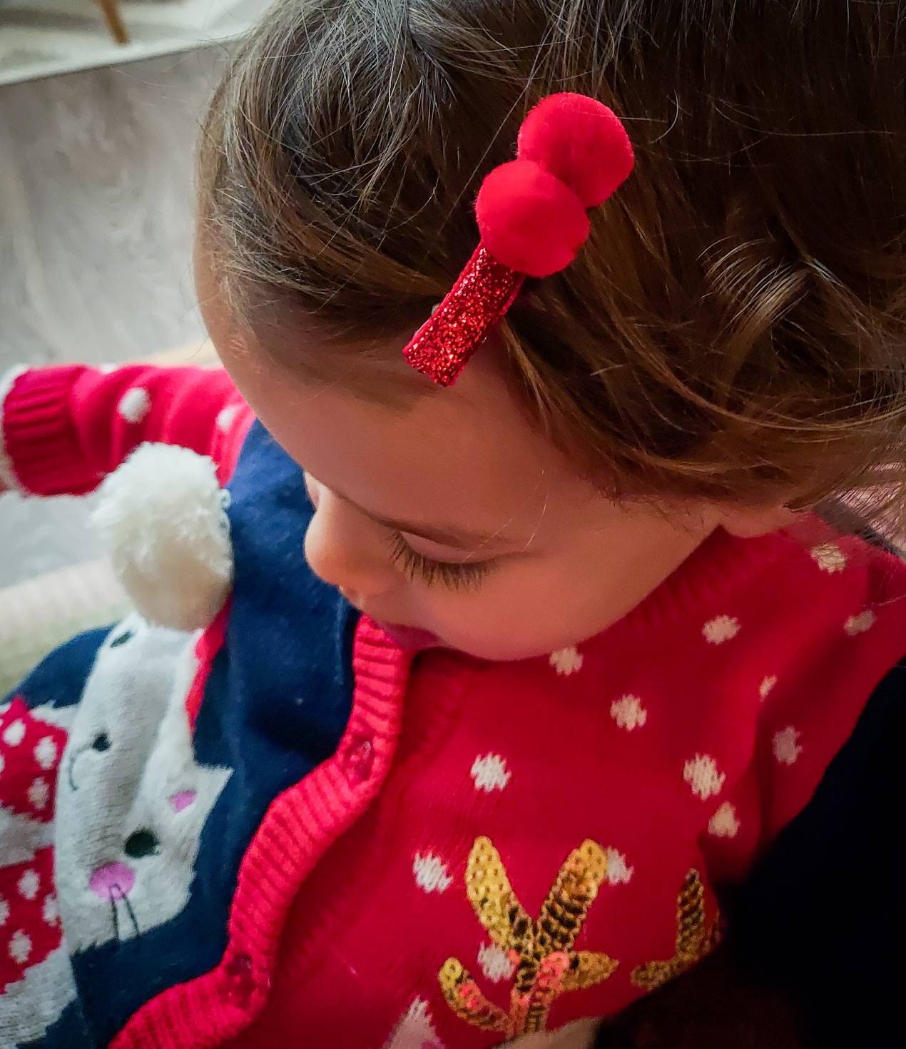 Christmas Hair Clips, Red Glitter, Fringe Clips, Pom Pom Hair Clip, Festive Hair Clips, Toddler Hair Clips, Baby Hair Clips -READY TO POST