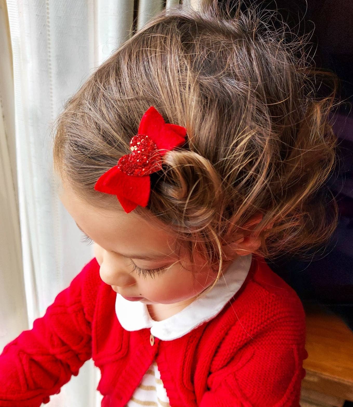 Red Hair Bow, Mini Bow Hair Clip, Red Glitter Heart Hair Clip, Valentines Hair, Red Felt Bow, Fringe Clips, Toddler Bow, Baby Hair Clips
