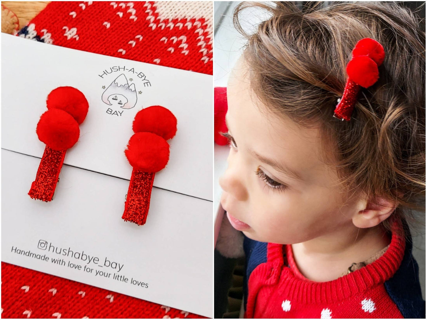 Christmas Hair Clips, Red Glitter, Fringe Clips, Pom Pom Hair Clip, Festive Hair Clips, Toddler Hair Clips, Baby Hair Clips -READY TO POST
