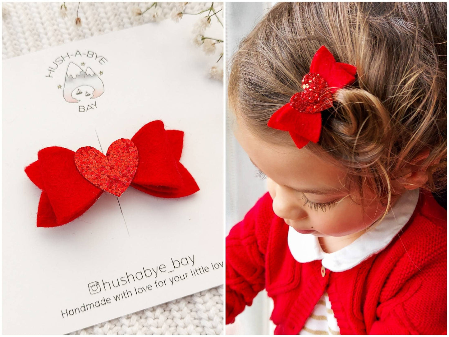 Red Hair Bow, Mini Bow Hair Clip, Red Glitter Heart Hair Clip, Valentines Hair, Red Felt Bow, Fringe Clips, Toddler Bow, Baby Hair Clips