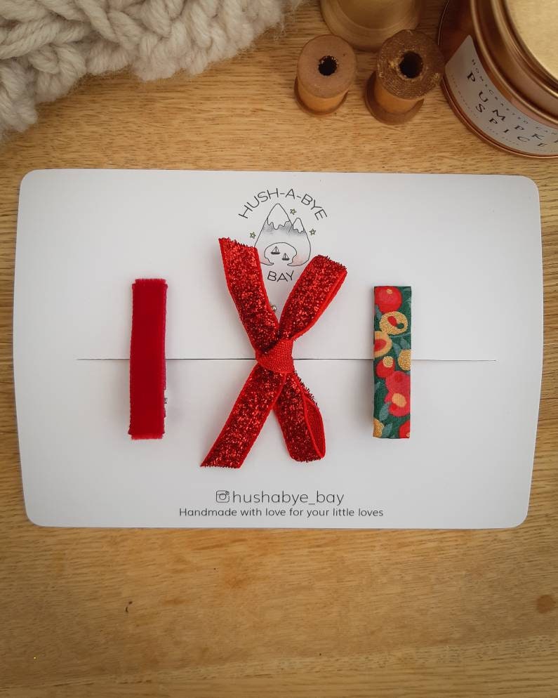 Christmas Bow, Red Glitter Bow, Christmas Hair Clips, Liberty Fringe Clips, Velvet Hair Clip, Toddler Bow, Baby Hair Bows, Stocking Gift