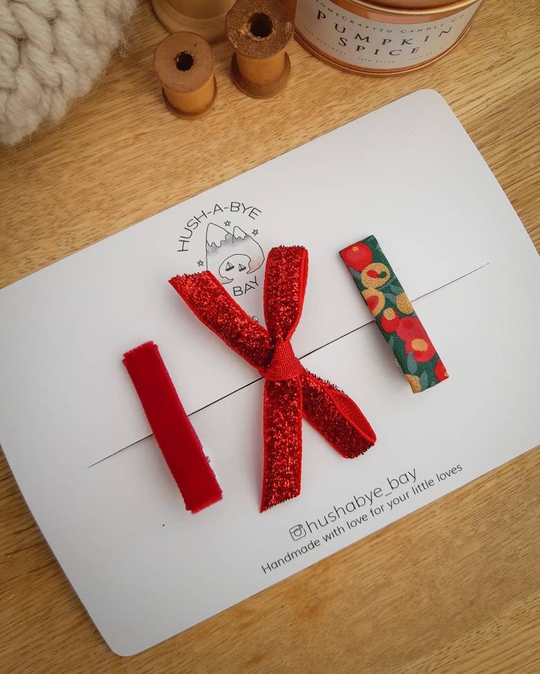 Christmas Bow, Red Glitter Bow, Christmas Hair Clips, Liberty Fringe Clips, Velvet Hair Clip, Toddler Bow, Baby Hair Bows, Stocking Gift