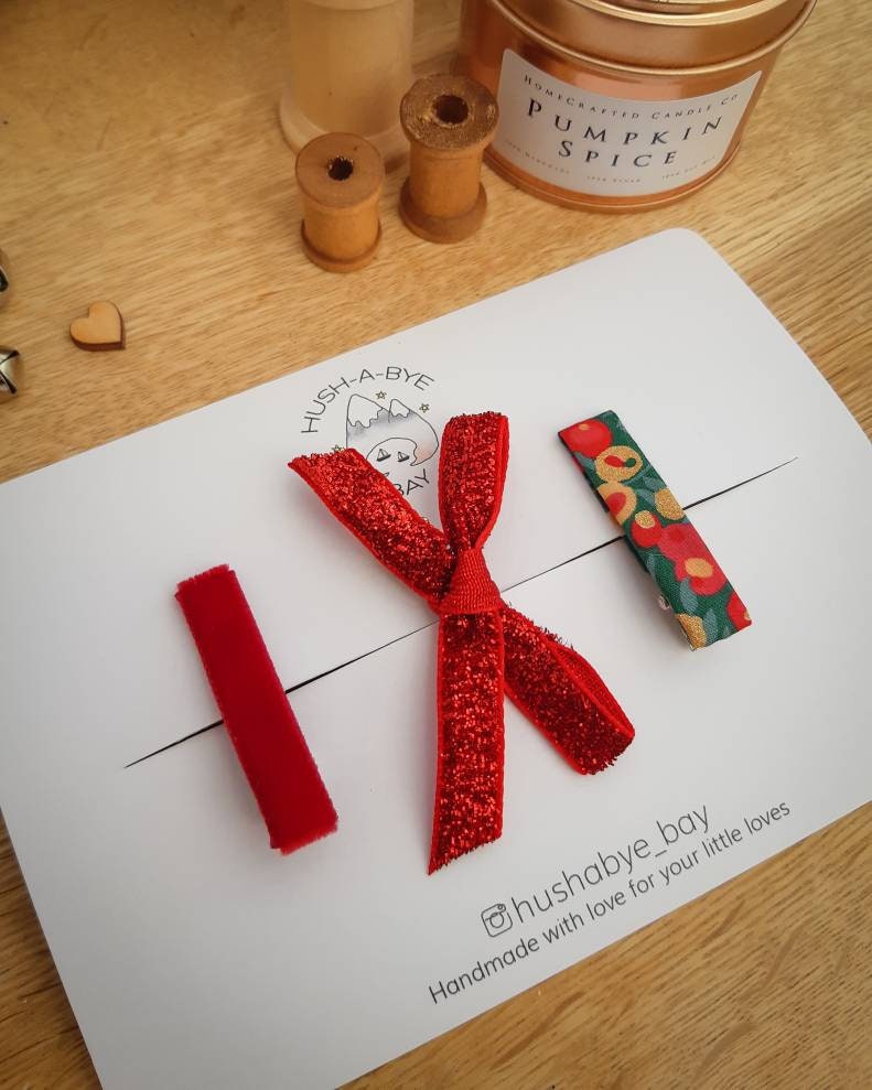 Christmas Bow, Red Glitter Bow, Christmas Hair Clips, Liberty Fringe Clips, Velvet Hair Clip, Toddler Bow, Baby Hair Bows, Stocking Gift