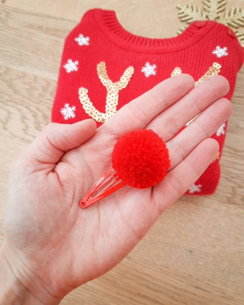 Red Pom Pom Hair Clip, Christmas Hair Clips, Pom Pom Snap Clip, Red Snap Clip, Toddler Hair Clips, Baby Hair Clips, Christmas Stocking Gifts
