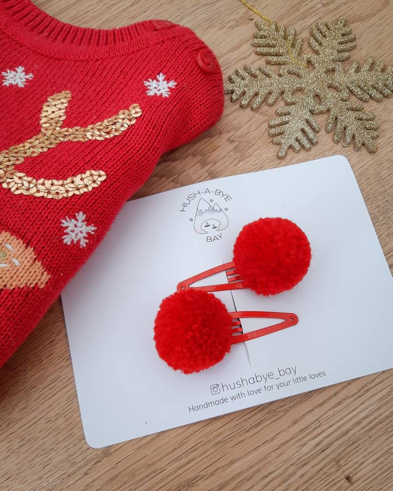 Red Pom Pom Hair Clip, Christmas Hair Clips, Pom Pom Snap Clip, Red Snap Clip, Toddler Hair Clips, Baby Hair Clips, Christmas Stocking Gifts