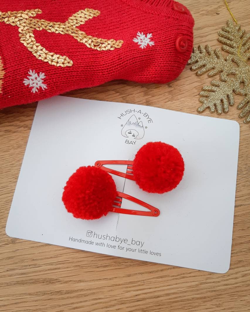 Red Pom Pom Hair Clip, Christmas Hair Clips, Pom Pom Snap Clip, Red Snap Clip, Toddler Hair Clips, Baby Hair Clips, Christmas Stocking Gifts
