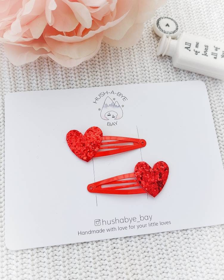 Valentines Snap Clips, Heart Hair Clips, Red Heart Snap Clips, Fringe Clips, Toddler Hair Clips, Baby Snap Clips, Glitter Hair Clips