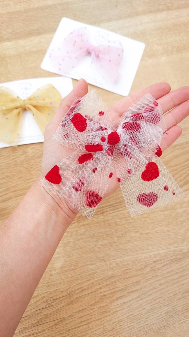Valentines Hair Bows, Heart Bow, Valentines Tulle Bow, Valentines Day Bow, Baby Hair Bows, Net Bows, Toddler Hair Bows, Big Bows, Girls Bows