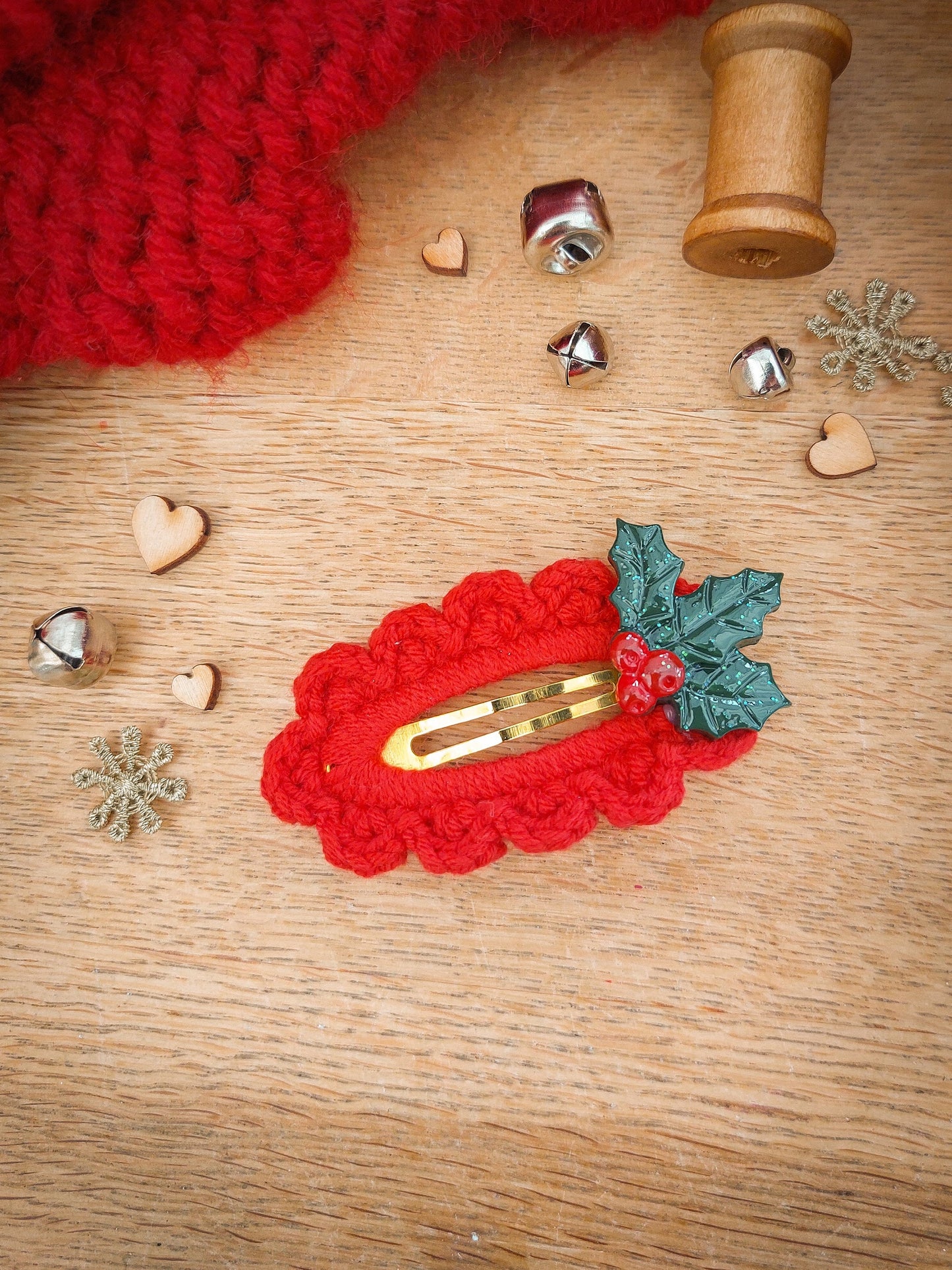 Christmas Hair Clips, Red Knitted Clip, Holly Hair Clips, Christmas Hair Accessories, Toddler Clips, Baby Hair Clip, Stocking Filler Gift