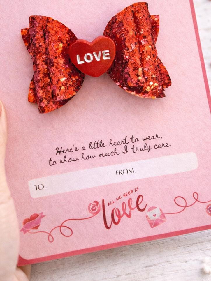 Valentines gift for girls, Valentines card for daughter, Small Valentines gift for kids, Valentines hair accessories, Red sparkly bow, Poem