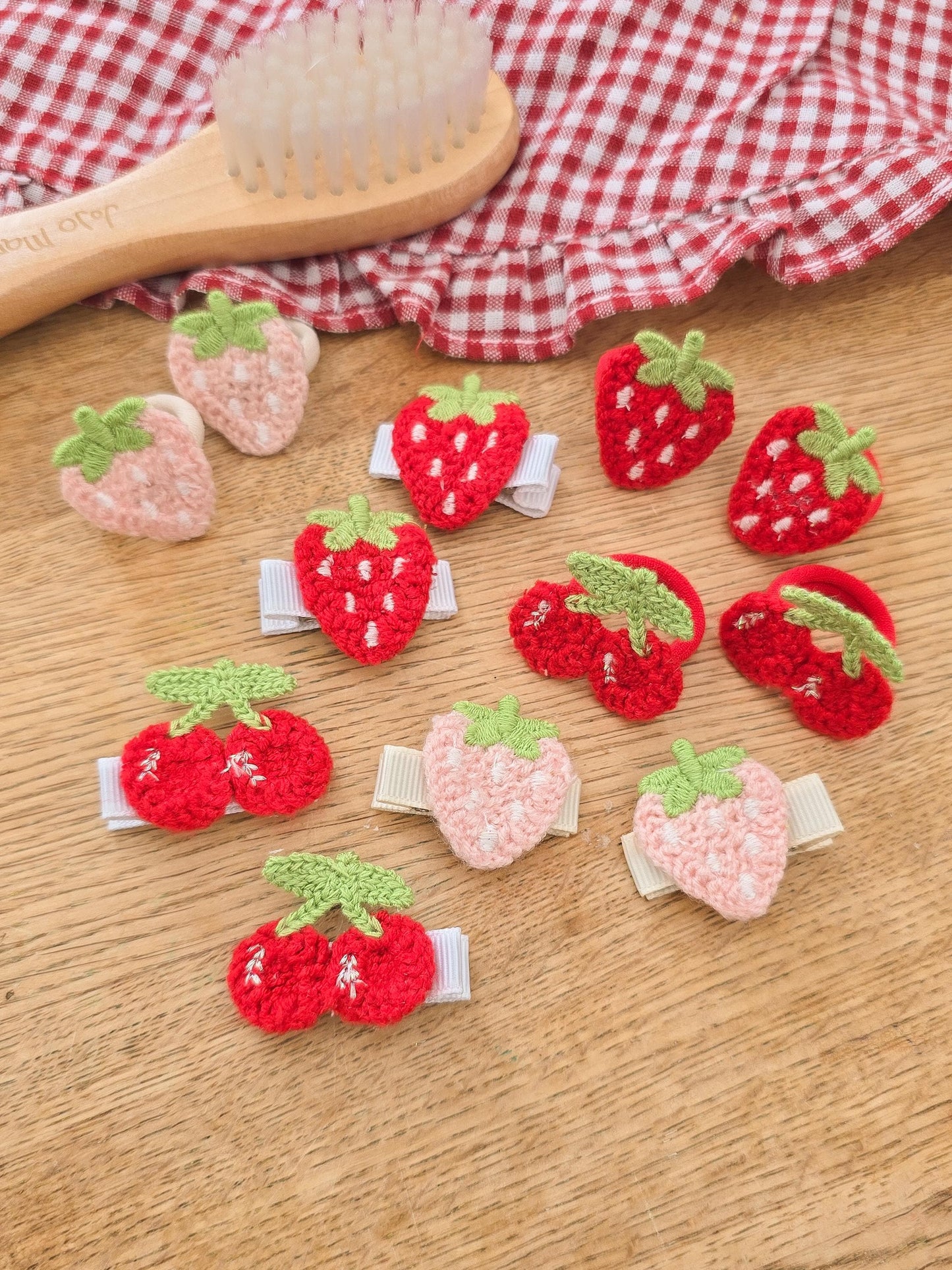Strawberry and Cherry Hair Clips and Bobbles for Babies. Fully Lined Baby Hair Clips. Girls Cherry Mini Hair Ties. Baby Mini Hair Ties.