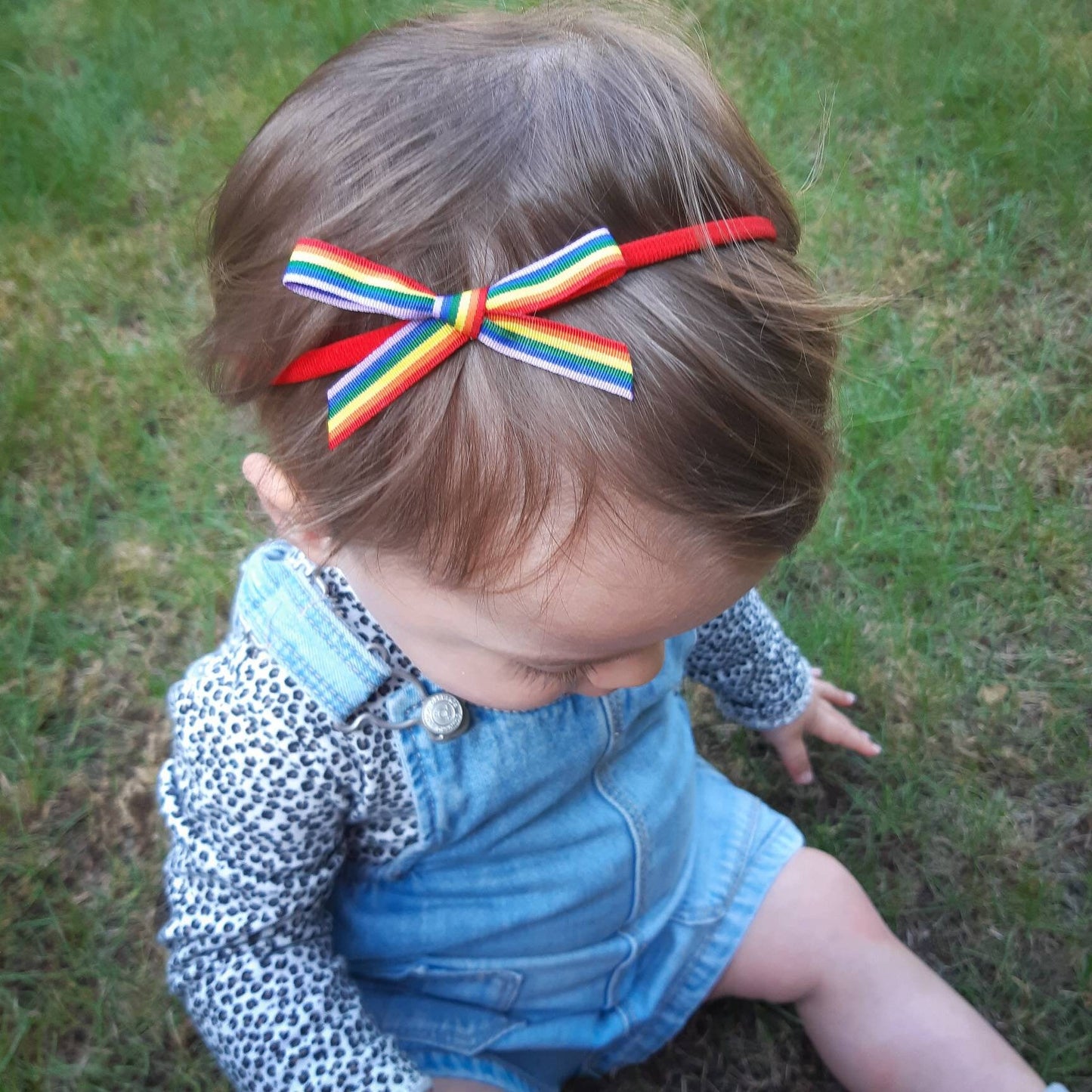 Rainbow Hair Bow for baby, toddler and child. LGBTQ, Gay Pride. Available on either a headband, pigtail alligator clips or single bow clip