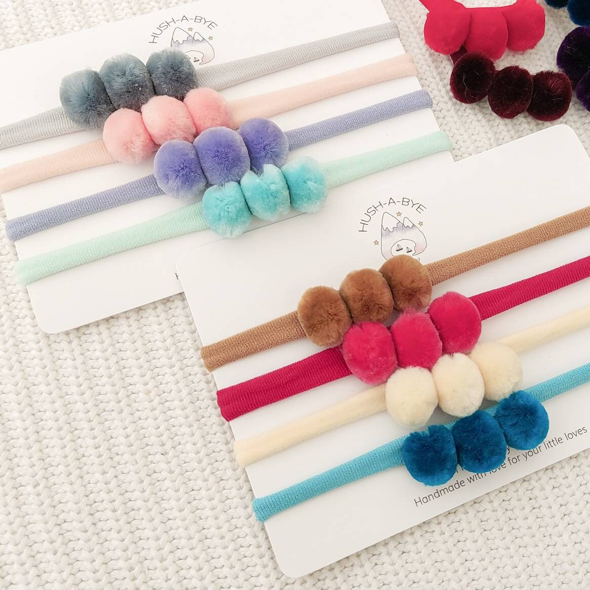 Pompom baby headband, toddler headband, newborn headband, pom pom hair band - choose your colour, winter baby headband, soft nylon headband