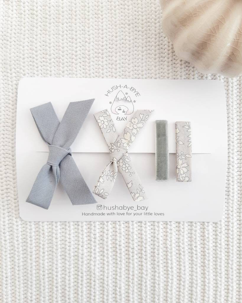 Grey Hair Clip Set, Grey Bow, Liberty Hair Clips, Baby Hair Clips, Fringe Clips, Liberty London, Toddler Hair Clips, Baby Bows, School
