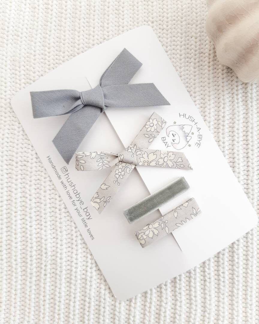 Grey Hair Clip Set, Grey Bow, Liberty Hair Clips, Baby Hair Clips, Fringe Clips, Liberty London, Toddler Hair Clips, Baby Bows, School