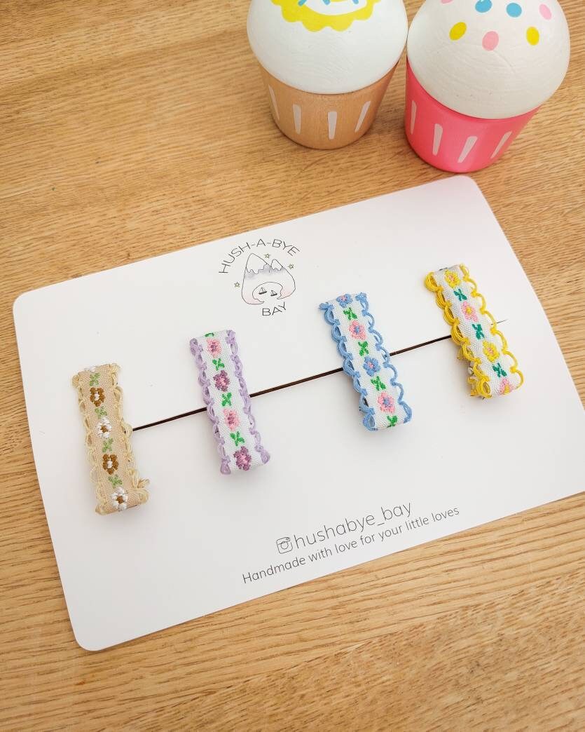 Embroidered hair clips, Baby Hair Clips, Fringe Clips, Toddler Hair Clips, Hair Clip Set, Embroidered Ribbon, Vintage Hair Clips, Barrettes