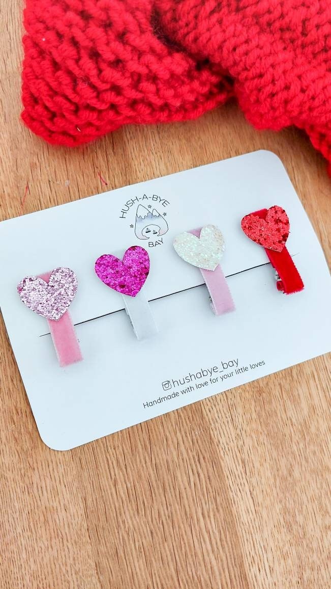 Heart Hair Clips, Valentines Hair Clips, Heart Glitter Hair Clips, Toddler Hair Clips, Baby Hair Clips, Valentines gift for girls, Red Heart