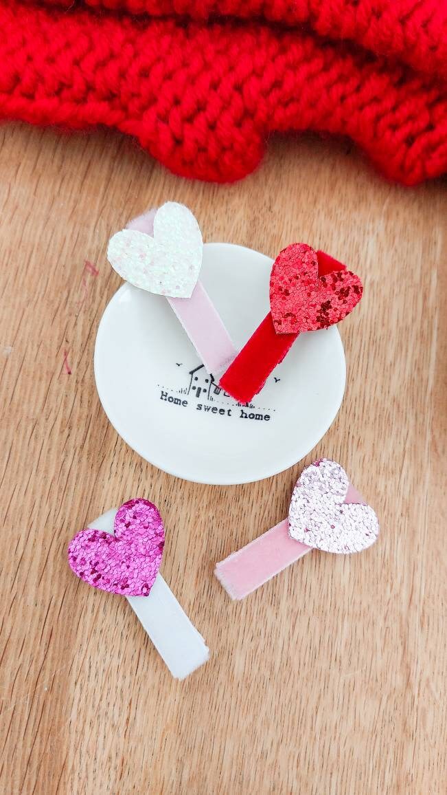 Heart Hair Clips, Valentines Hair Clips, Heart Glitter Hair Clips, Toddler Hair Clips, Baby Hair Clips, Valentines gift for girls, Red Heart