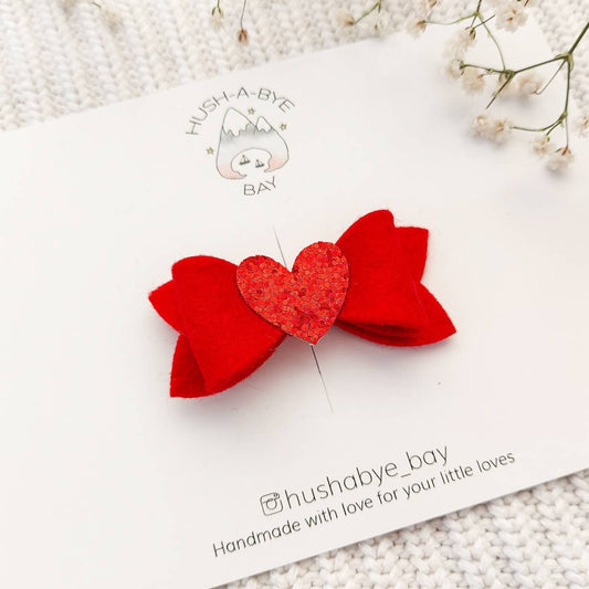 Red Hair Bow, Mini Bow Hair Clip, Red Glitter Heart Hair Clip, Valentines Hair, Red Felt Bow, Fringe Clips, Toddler Bow, Baby Hair Clips