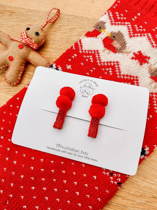 Christmas Hair Clips, Red Glitter, Fringe Clips, Pom Pom Hair Clip, Festive Hair Clips, Toddler Hair Clips, Baby Hair Clips -READY TO POST