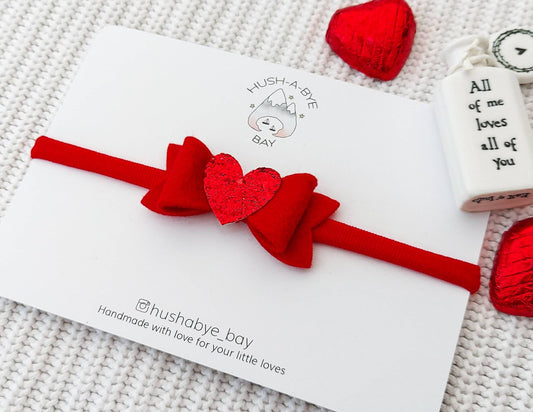Red Bow Baby Headband, Heart Headband, Mini Bow Headband, Red Glitter Heart, Red Heart Bow, Red Felt Bow, Baby Headband, Nylon Headband
