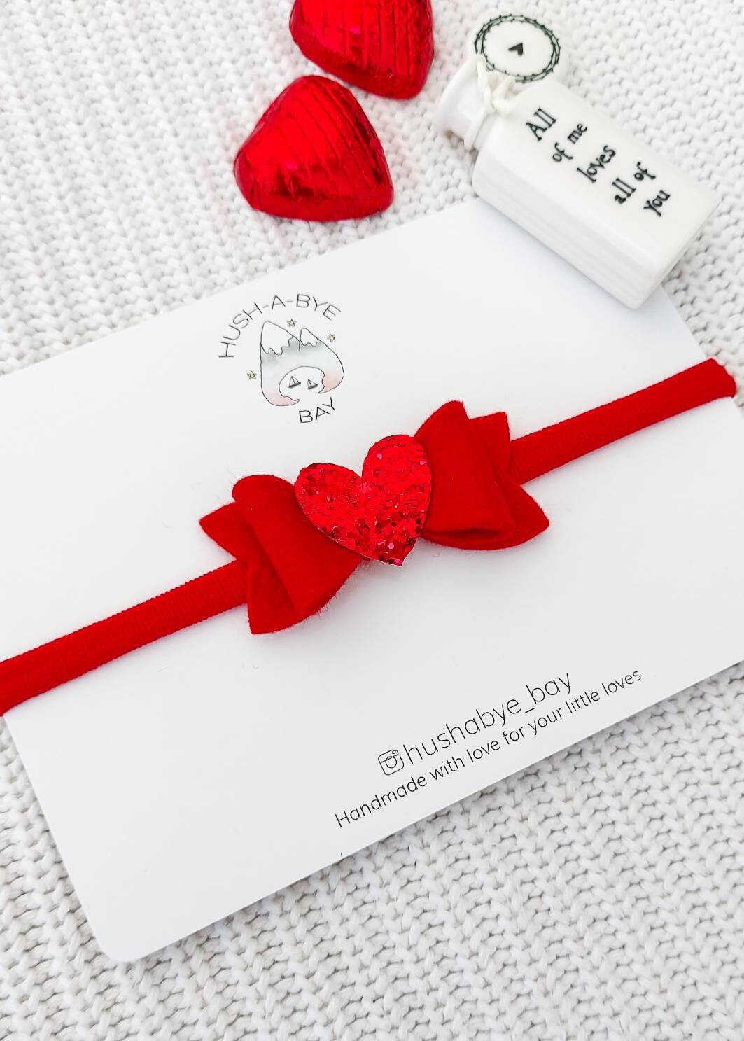 Red Bow Baby Headband, Heart Headband, Mini Bow Headband, Red Glitter Heart, Red Heart Bow, Red Felt Bow, Baby Headband, Nylon Headband