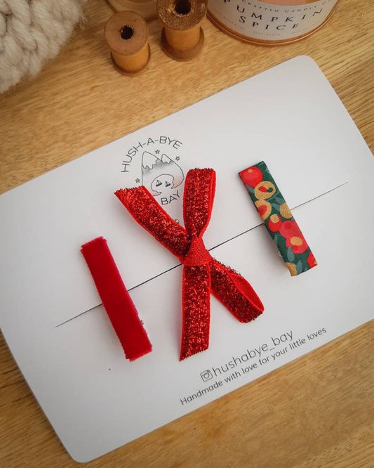 Christmas Bow, Red Glitter Bow, Christmas Hair Clips, Liberty Fringe Clips, Velvet Hair Clip, Toddler Bow, Baby Hair Bows, Stocking Gift