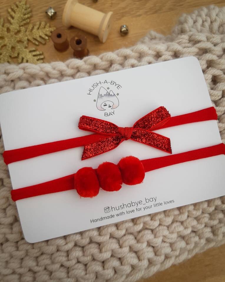 Christmas Bow Baby Headband, Red Pompom Headband, Red Bow Headband, Christmas Glitter Bow, Festive Bow, Newborn Headband, Newborn Christmas