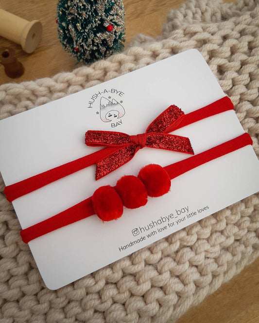 Christmas Bow Baby Headband, Red Pompom Headband, Red Bow Headband, Christmas Glitter Bow, Festive Bow, Newborn Headband, Newborn Christmas