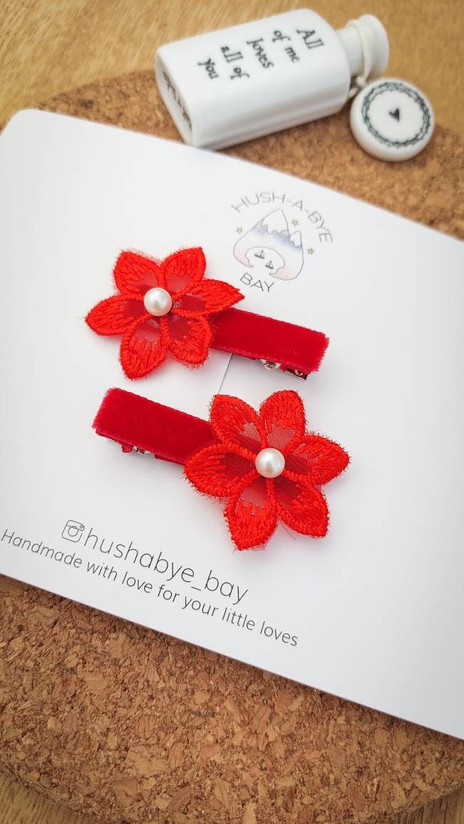 Christmas Hair Clips, Red Flower Hair Clips, Fringe Clips, Hair Clip, Festive Hair Clips, Toddler Hair Clips, Baby Hair Clips, Pearl Flower