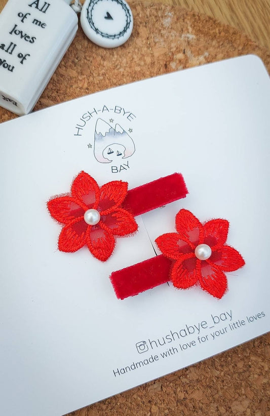 Christmas Hair Clips, Red Flower Hair Clips, Fringe Clips, Hair Clip, Festive Hair Clips, Toddler Hair Clips, Baby Hair Clips, Pearl Flower