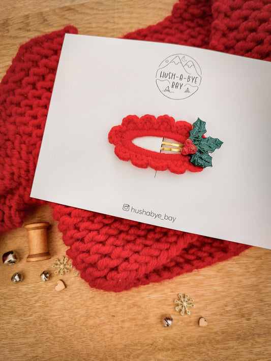 Christmas Hair Clips, Red Knitted Clip, Holly Hair Clips, Christmas Hair Accessories, Toddler Clips, Baby Hair Clip, Stocking Filler Gift
