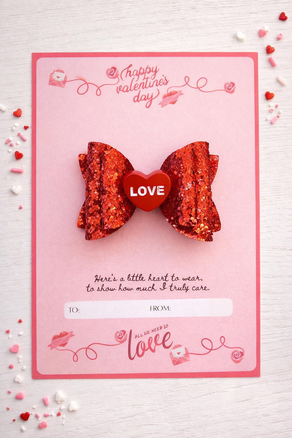 Valentines gift for girls, Valentines card for daughter, Small Valentines gift for kids, Valentines hair accessories, Red sparkly bow, Poem