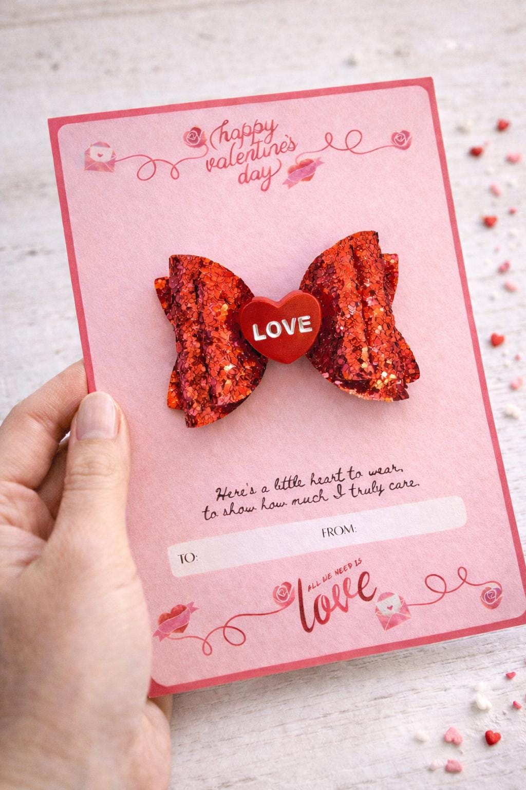 Valentines gift for girls, Valentines card for daughter, Small Valentines gift for kids, Valentines hair accessories, Red sparkly bow, Poem