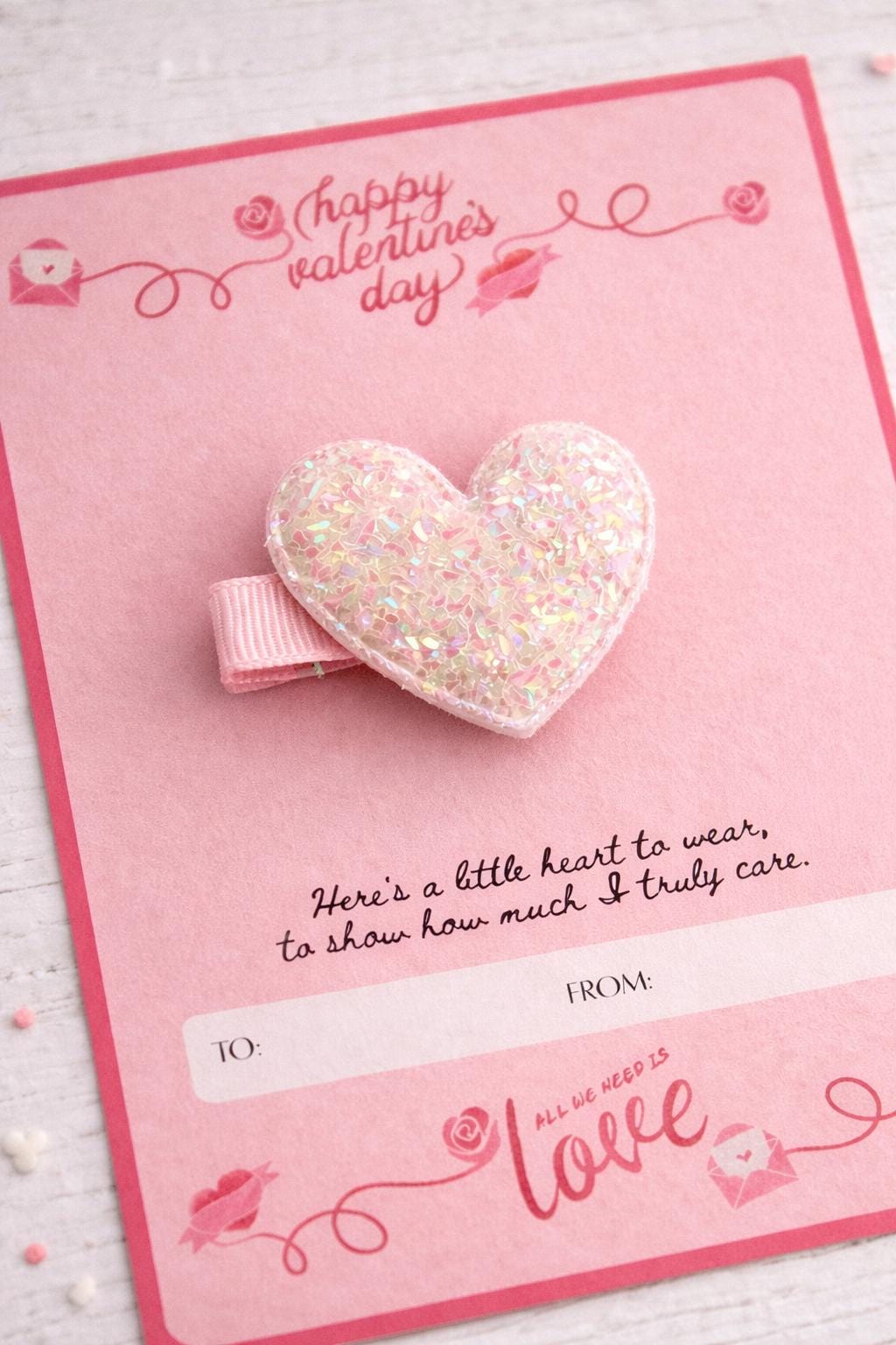 Valentines gift for girls, Valentines card for daughter, Small Valentines gift for kids, Valentines hair accessories, Pink heart hair clip