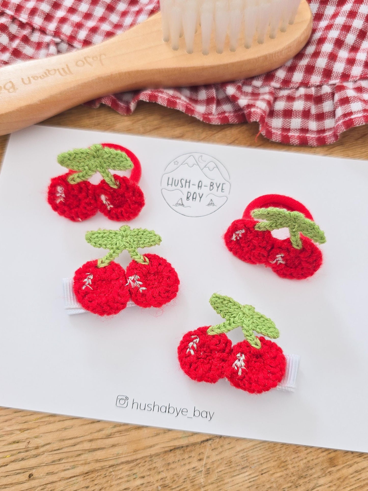 Strawberry and Cherry Hair Clips and Bobbles for Babies. Fully Lined Baby Hair Clips. Girls Cherry Mini Hair Ties. Baby Mini Hair Ties.
