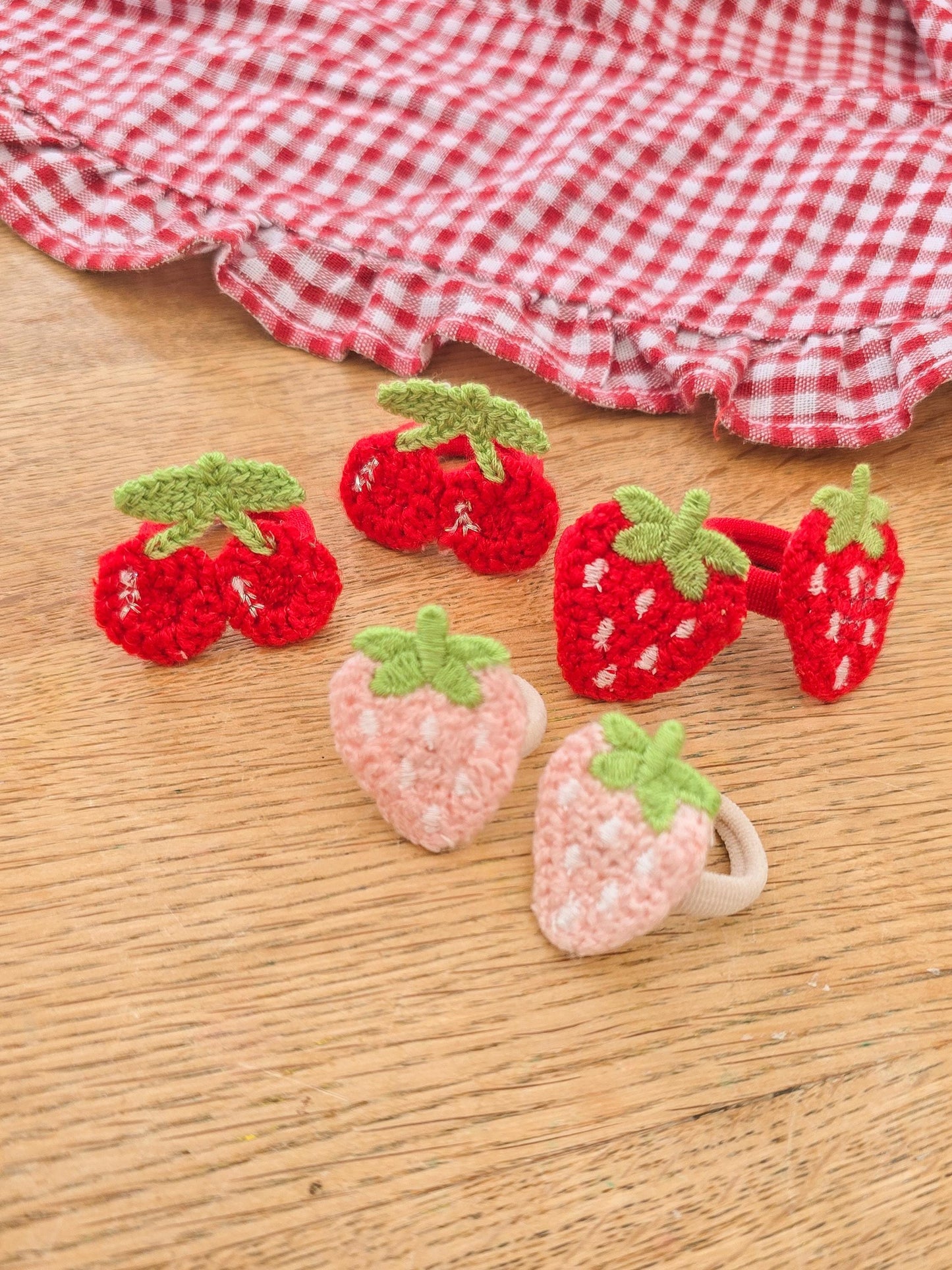 Strawberry and Cherry Hair Clips and Bobbles for Babies. Fully Lined Baby Hair Clips. Girls Cherry Mini Hair Ties. Baby Mini Hair Ties.