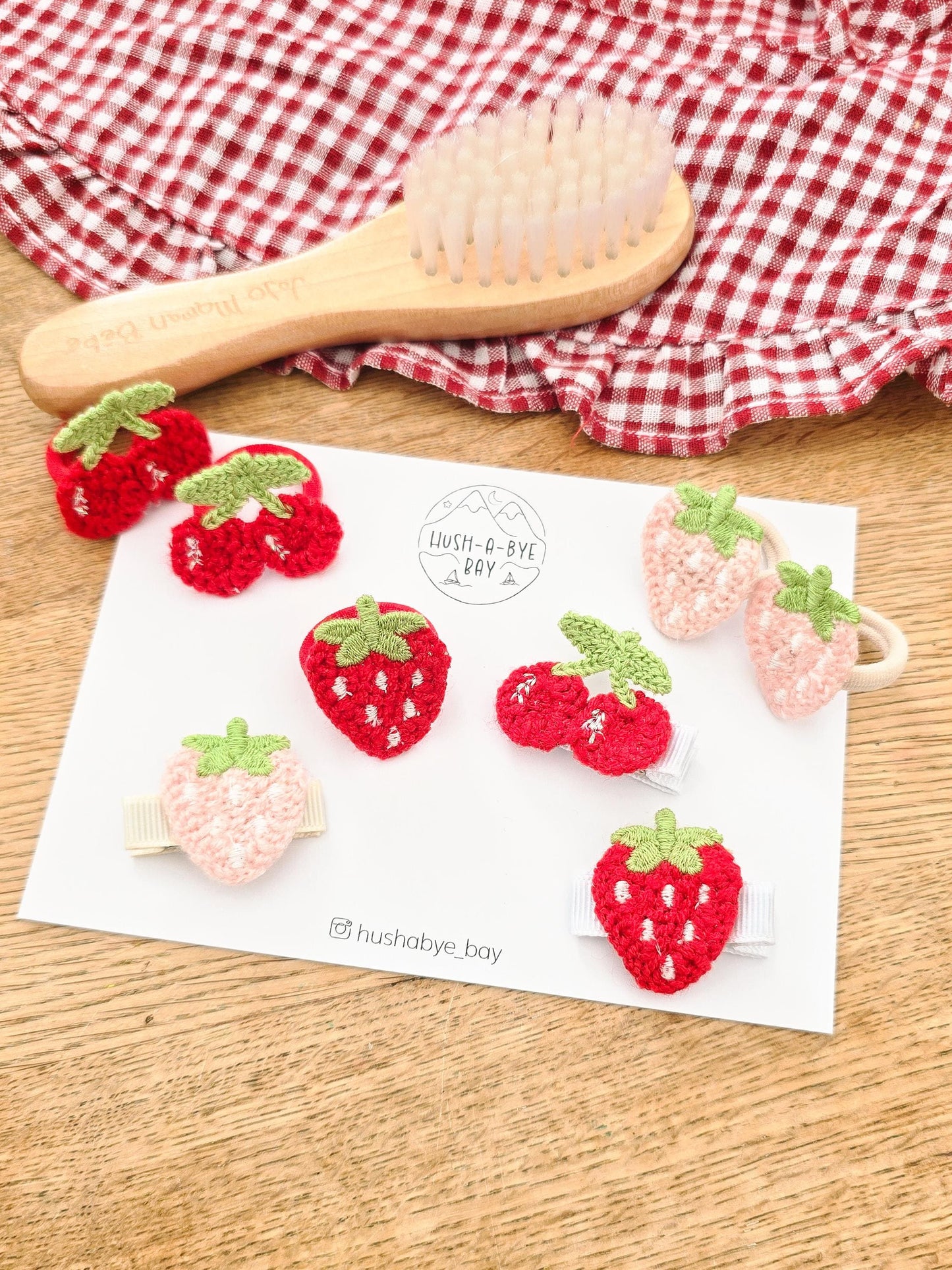 Strawberry and Cherry Hair Clips and Bobbles for Babies. Fully Lined Baby Hair Clips. Girls Cherry Mini Hair Ties. Baby Mini Hair Ties.