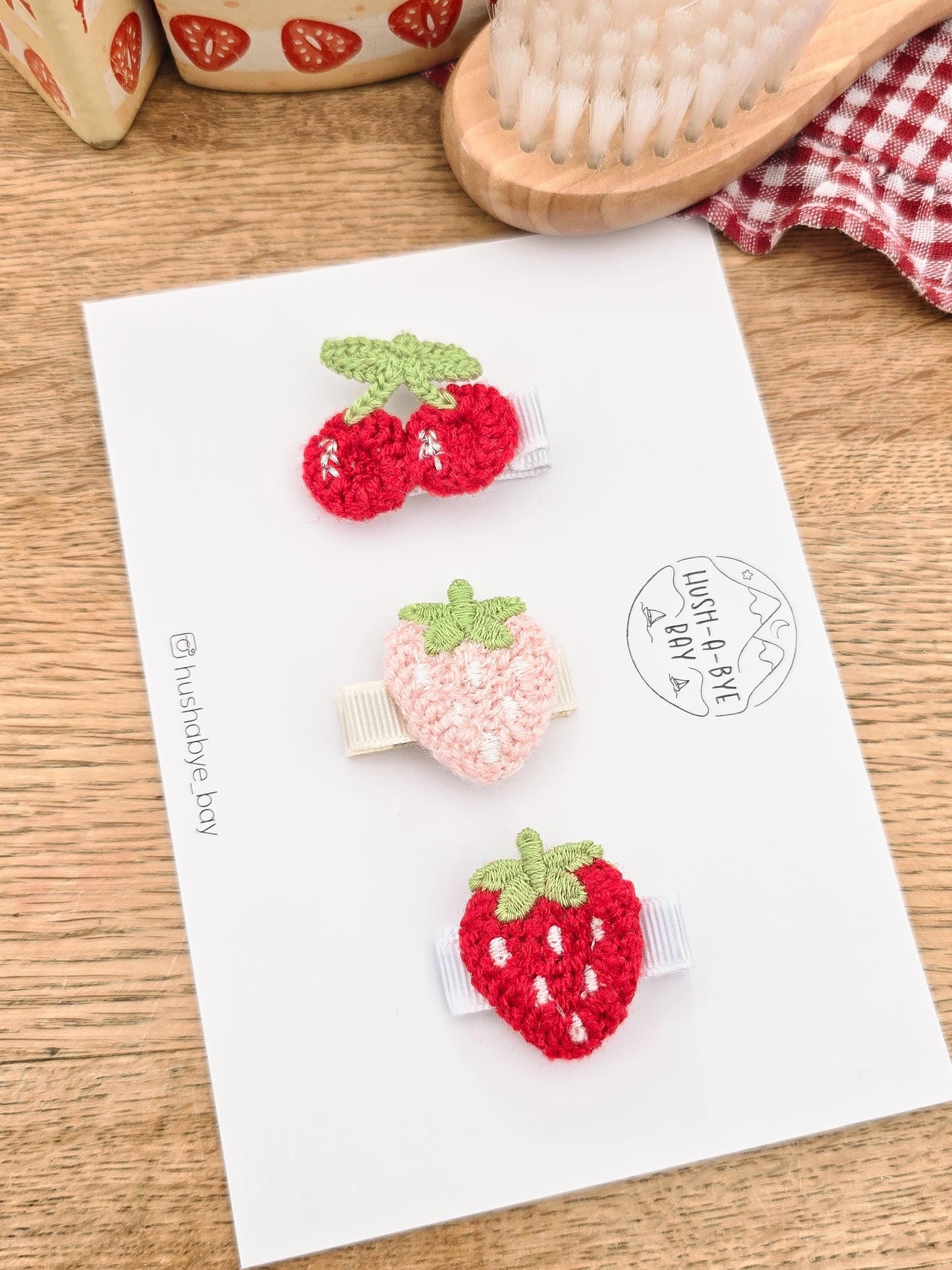 Strawberry and Cherry Hair Clips and Bobbles for Babies. Fully Lined Baby Hair Clips. Girls Cherry Mini Hair Ties. Baby Mini Hair Ties.