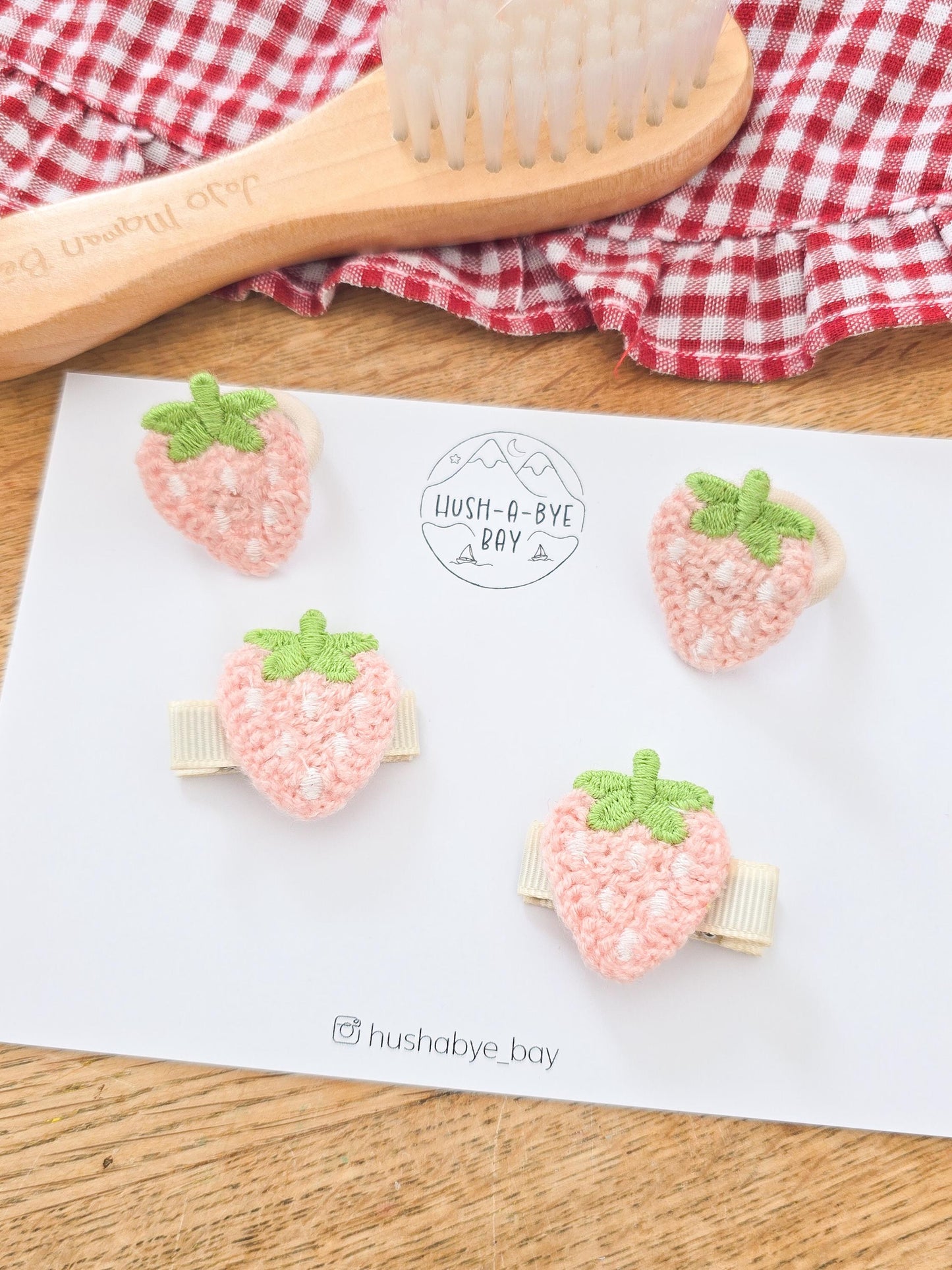 Strawberry and Cherry Hair Clips and Bobbles for Babies. Fully Lined Baby Hair Clips. Girls Cherry Mini Hair Ties. Baby Mini Hair Ties.