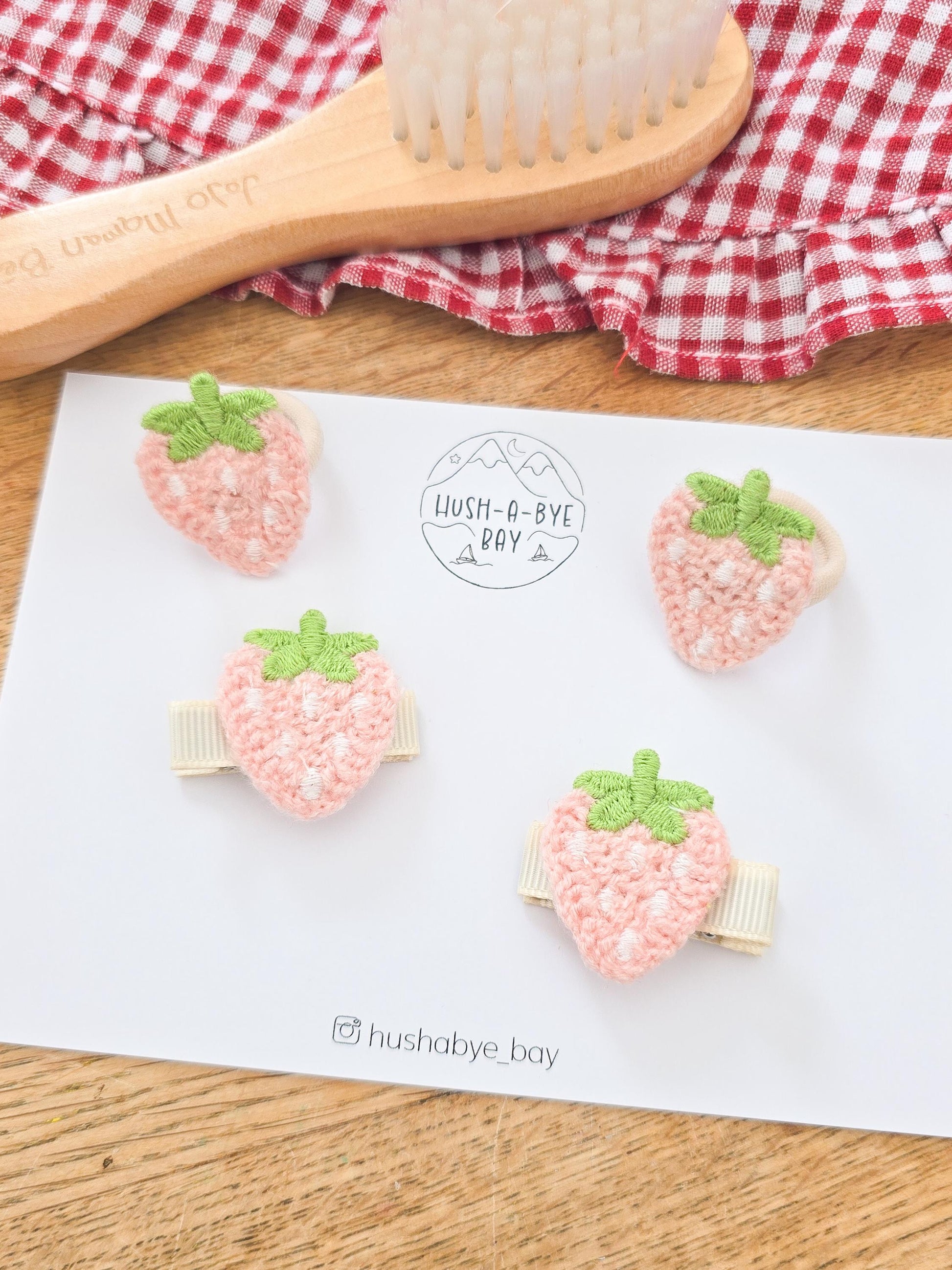 Strawberry and Cherry Hair Clips and Bobbles for Babies. Fully Lined Baby Hair Clips. Girls Cherry Mini Hair Ties. Baby Mini Hair Ties.