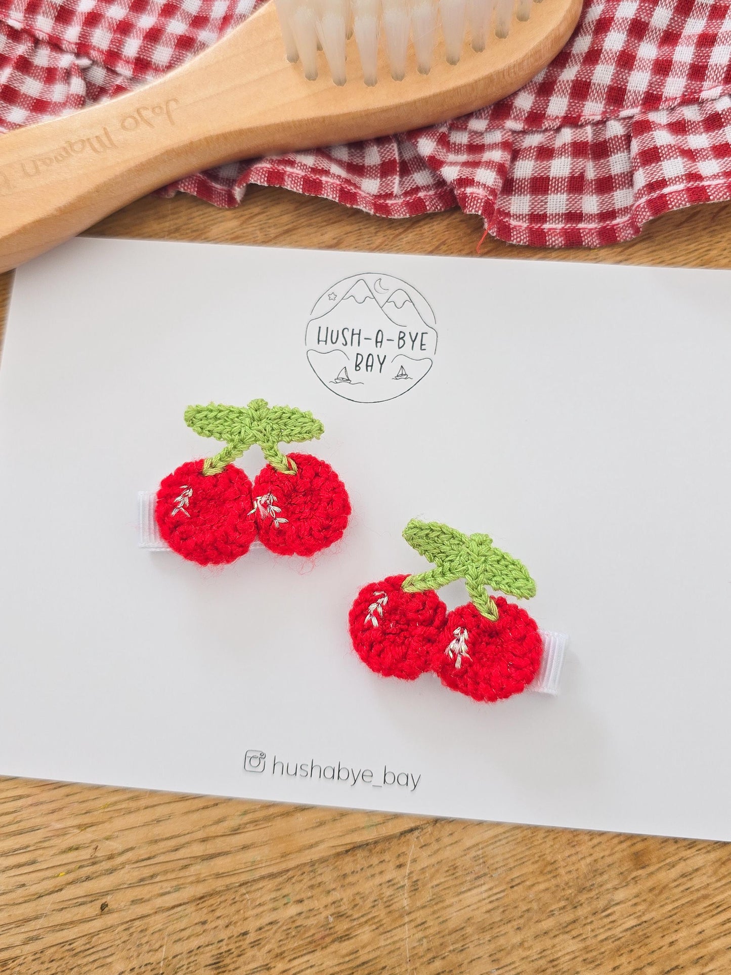 Strawberry and Cherry Hair Clips and Bobbles for Babies. Fully Lined Baby Hair Clips. Girls Cherry Mini Hair Ties. Baby Mini Hair Ties.