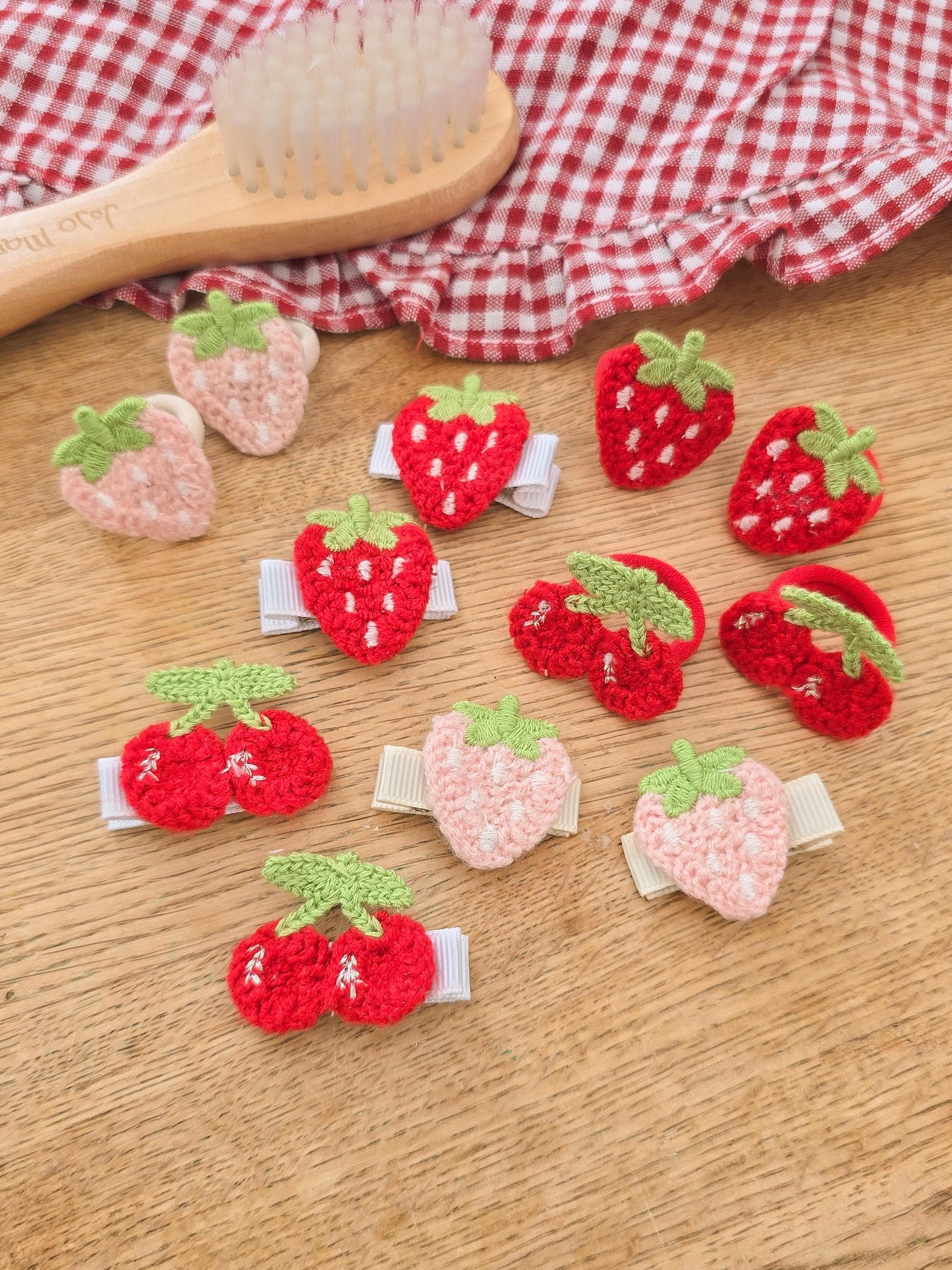 Strawberry and Cherry Hair Clips and Bobbles for Babies. Fully Lined Baby Hair Clips. Girls Cherry Mini Hair Ties. Baby Mini Hair Ties.