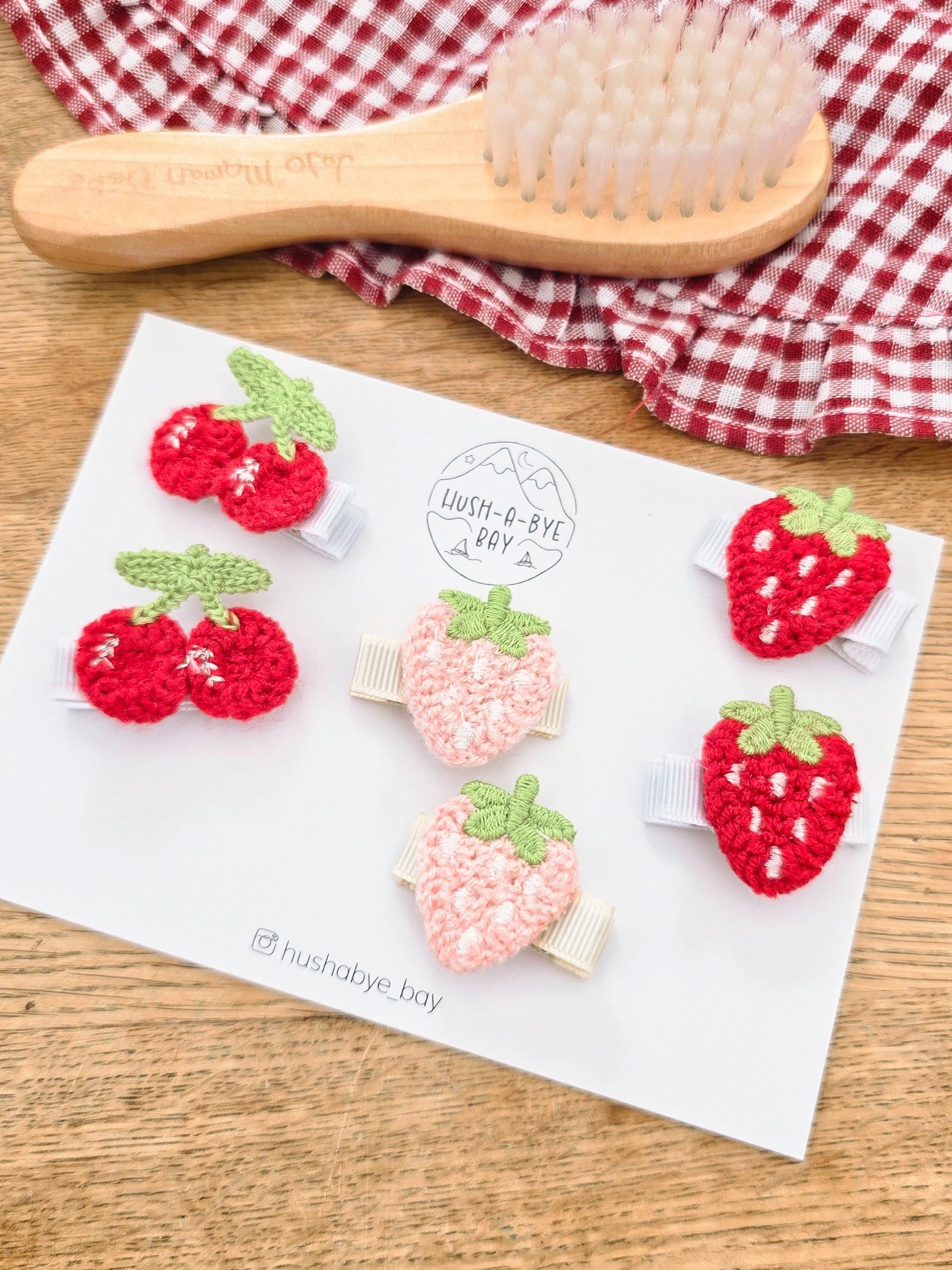 Strawberry and Cherry Hair Clips and Bobbles for Babies. Fully Lined Baby Hair Clips. Girls Cherry Mini Hair Ties. Baby Mini Hair Ties.