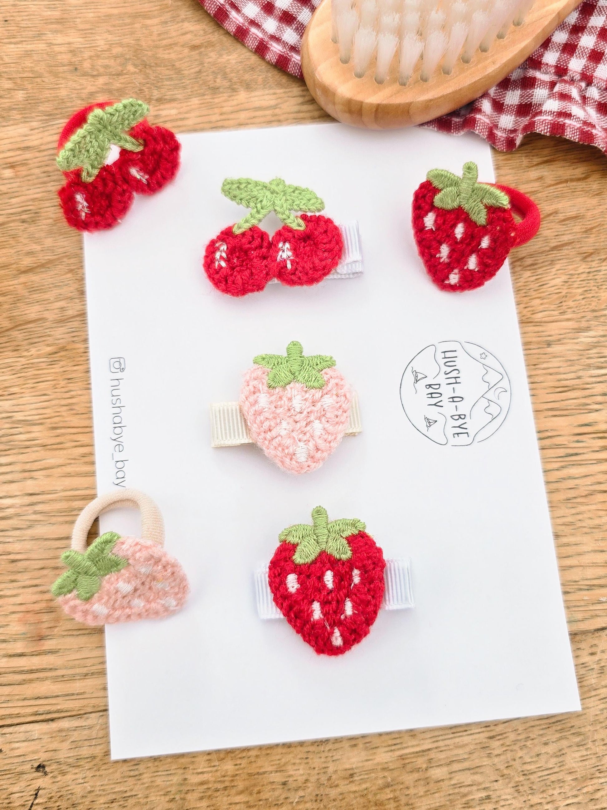 Strawberry and Cherry Hair Clips and Bobbles for Babies. Fully Lined Baby Hair Clips. Girls Cherry Mini Hair Ties. Baby Mini Hair Ties.