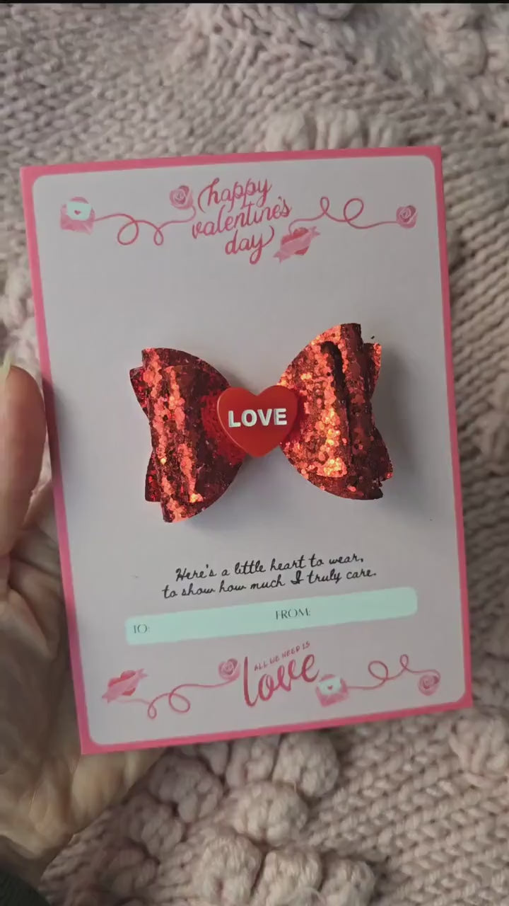 Valentines gift for girls, Valentines card for daughter, Small Valentines gift for kids, Valentines hair accessories, Red sparkly bow, Poem