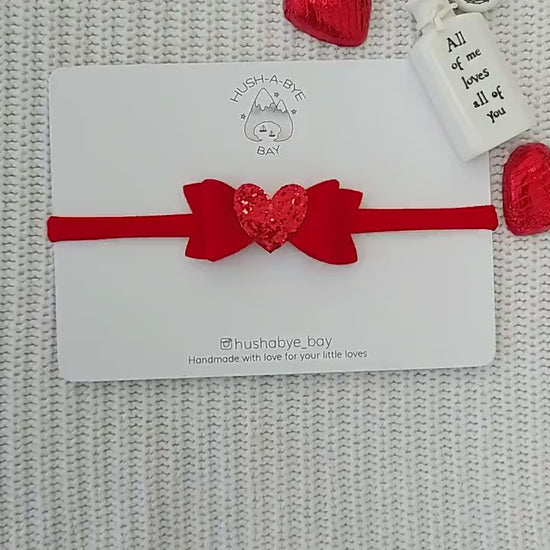 Red Bow Baby Headband, Heart Headband, Mini Bow Headband, Red Glitter Heart, Red Heart Bow, Red Felt Bow, Baby Headband, Nylon Headband
