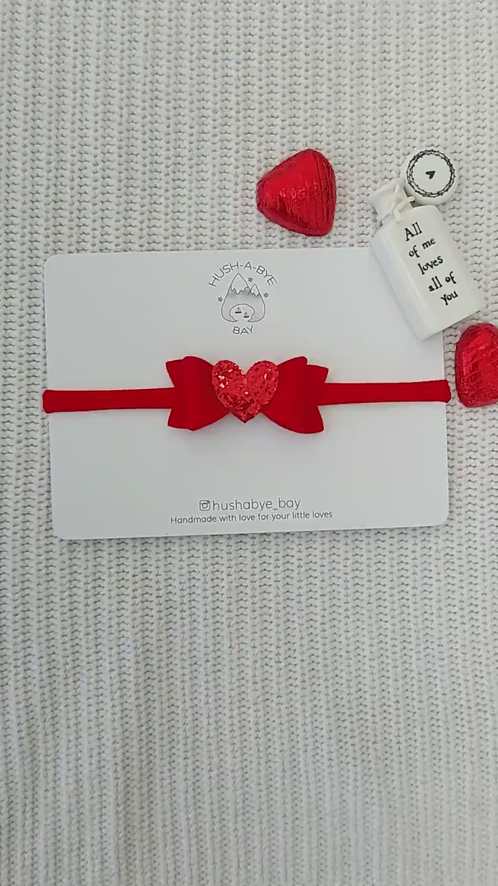 Red Bow Baby Headband, Heart Headband, Mini Bow Headband, Red Glitter Heart, Red Heart Bow, Red Felt Bow, Baby Headband, Nylon Headband