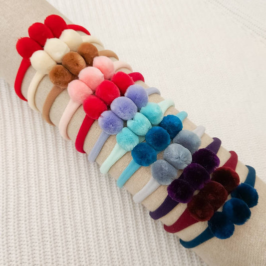 Pompom baby headband, toddler headband, newborn headband, pom pom hair band - choose your colour, winter baby headband, soft nylon headband