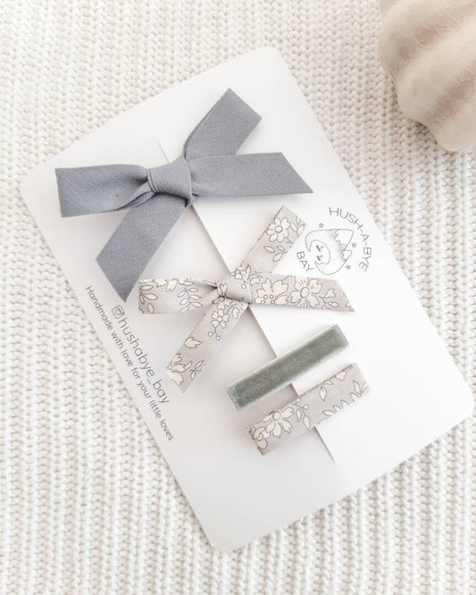Grey Hair Clip Set, Grey Bow, Liberty Hair Clips, Baby Hair Clips, Fringe Clips, Liberty London, Toddler Hair Clips, Baby Bows, School
